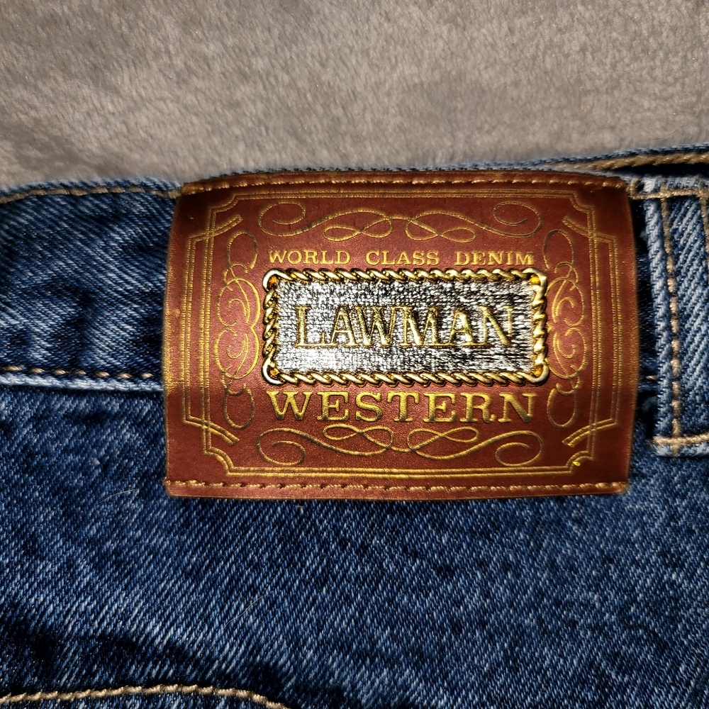 READ ⬇️. Authentic Law Man Western Blue Jeans W/Leather Accents! Sz. 15/16 Relax